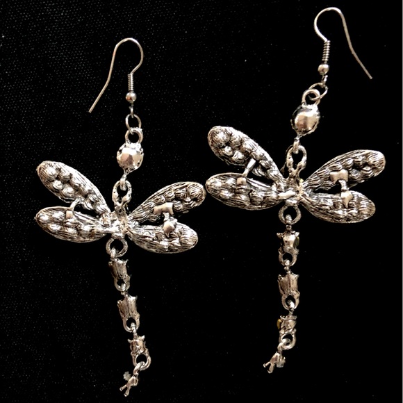 Dragonfly earrings large dangle hook silver rhinestones whimsical vintage - Picture 7 of 9